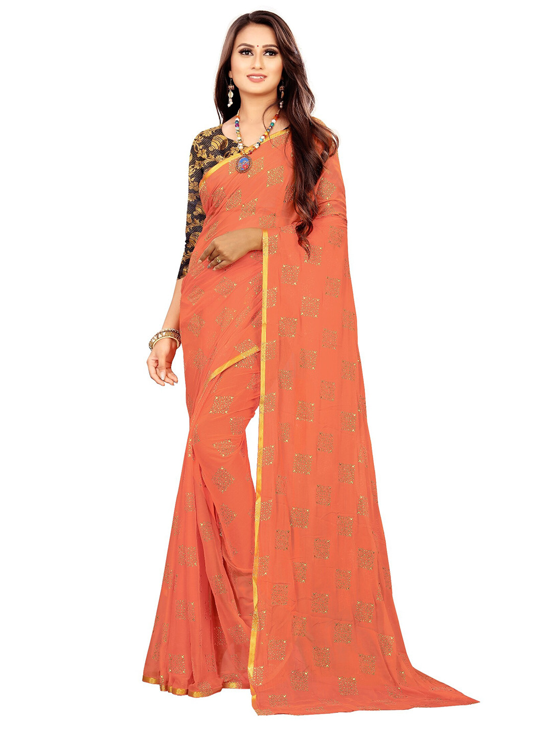 Rhey Peach-Coloured & Gold-Toned Checked Beads and Stones Fusion Saree