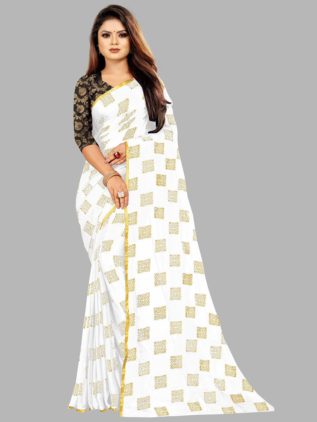 Rhey White & Gold-Toned Checked Beads and Stones Fusion Saree