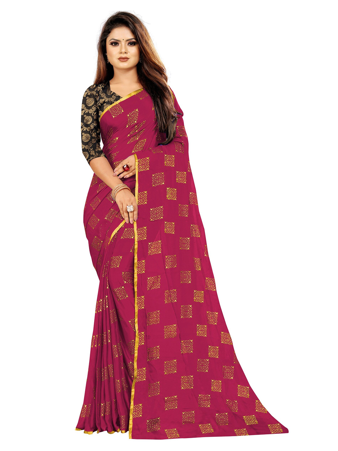 Rhey Pink & Gold-Toned Checked Beads and Stones Fusion Saree