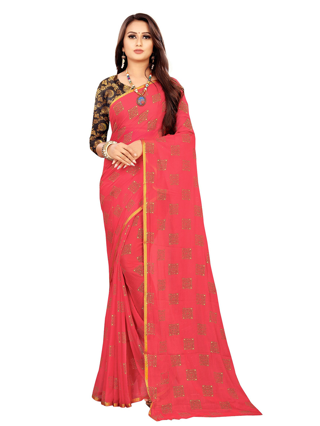 Rhey Rose & Gold-Toned Ethnic Motifs Printed Saree