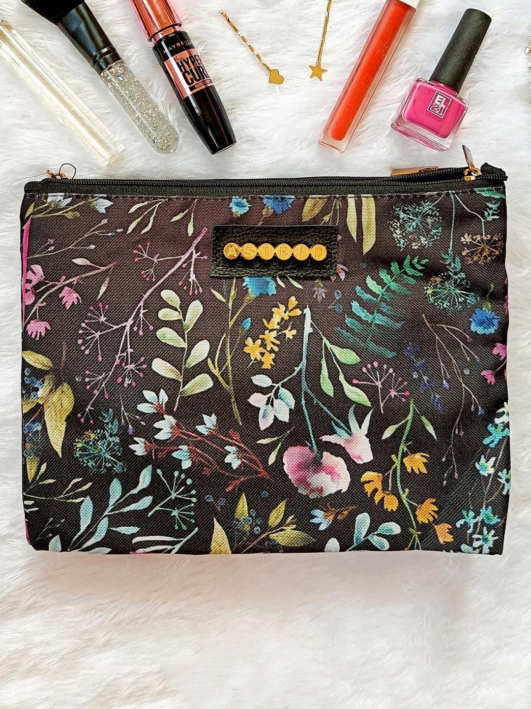 ASTRID Women Black and Pink Printed Multicompartment Makeup Pouch