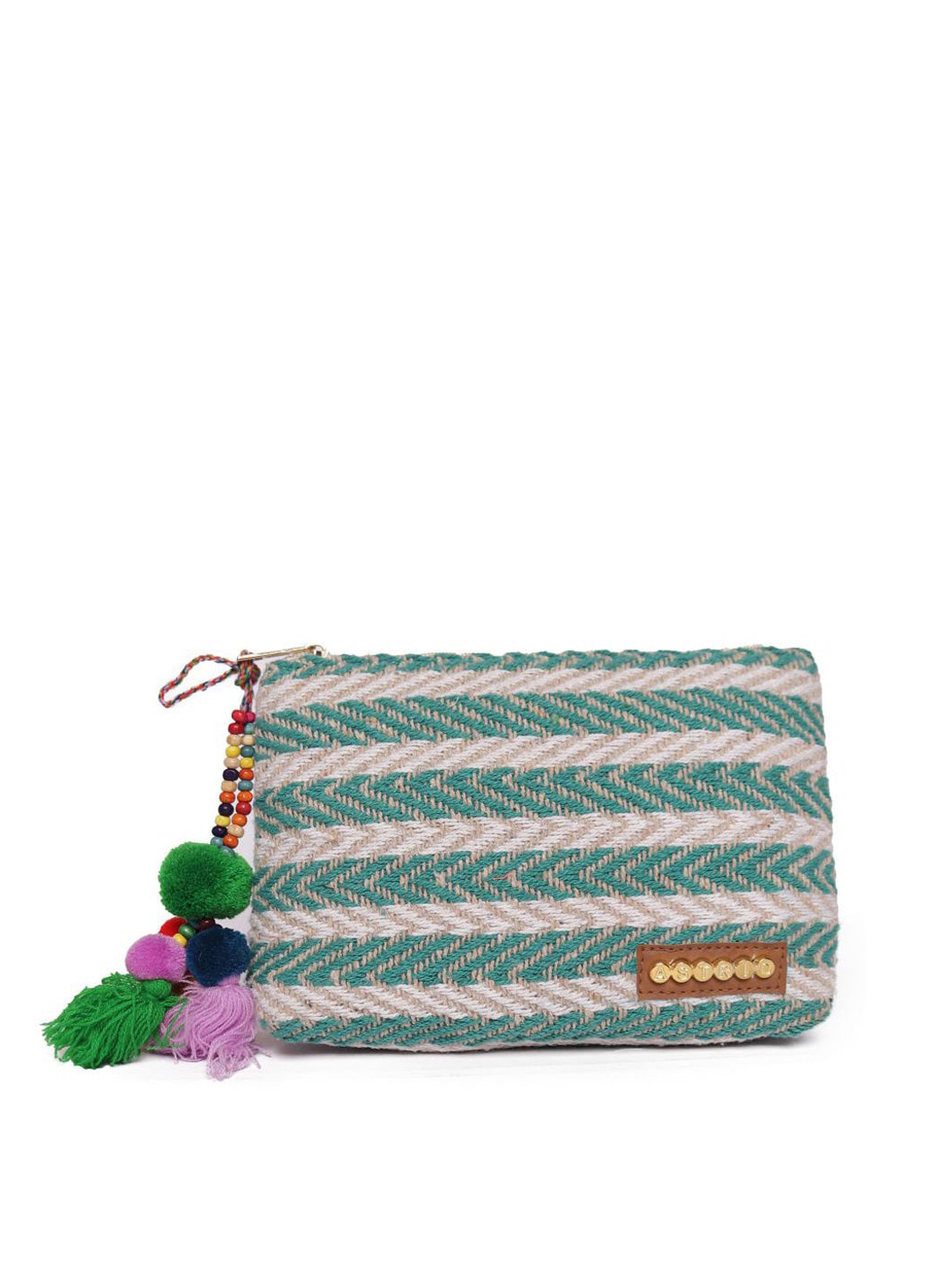 ASTRID Women Sea Green and Beige Self-Design Makeup Pouch with Tassels
