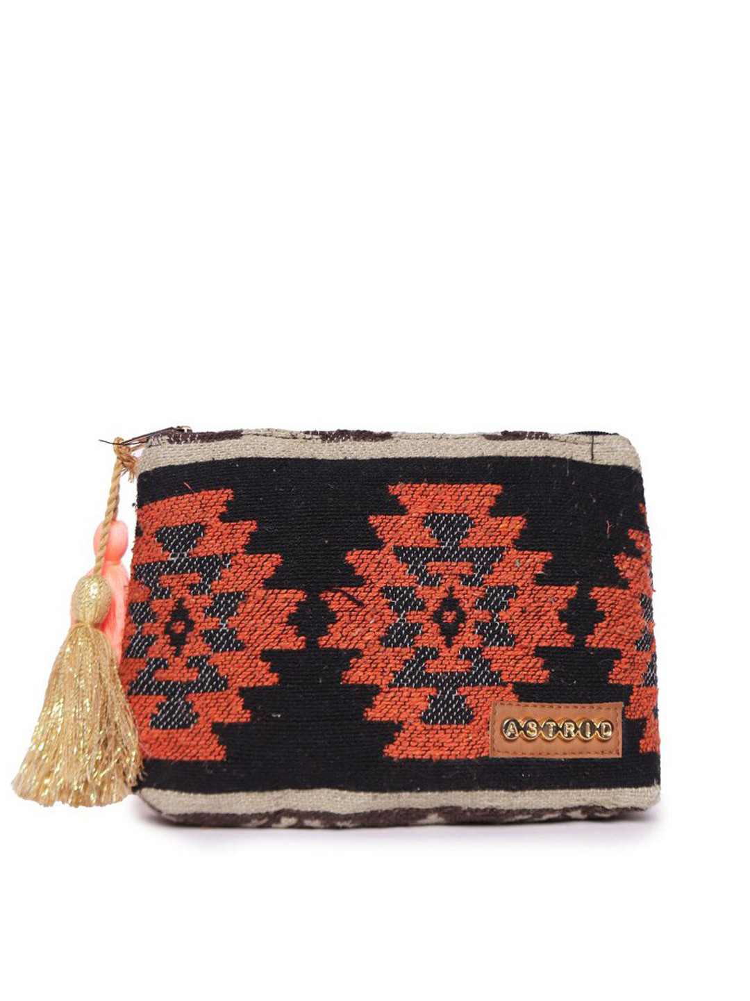 ASTRID Black & Rust Red Woven Design Travel Pouch With Tassels