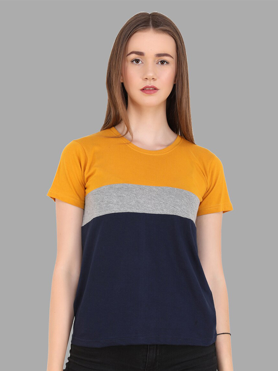 Reifica Women Mustard Yellow & Navy Blue Colourblocked T-shirt