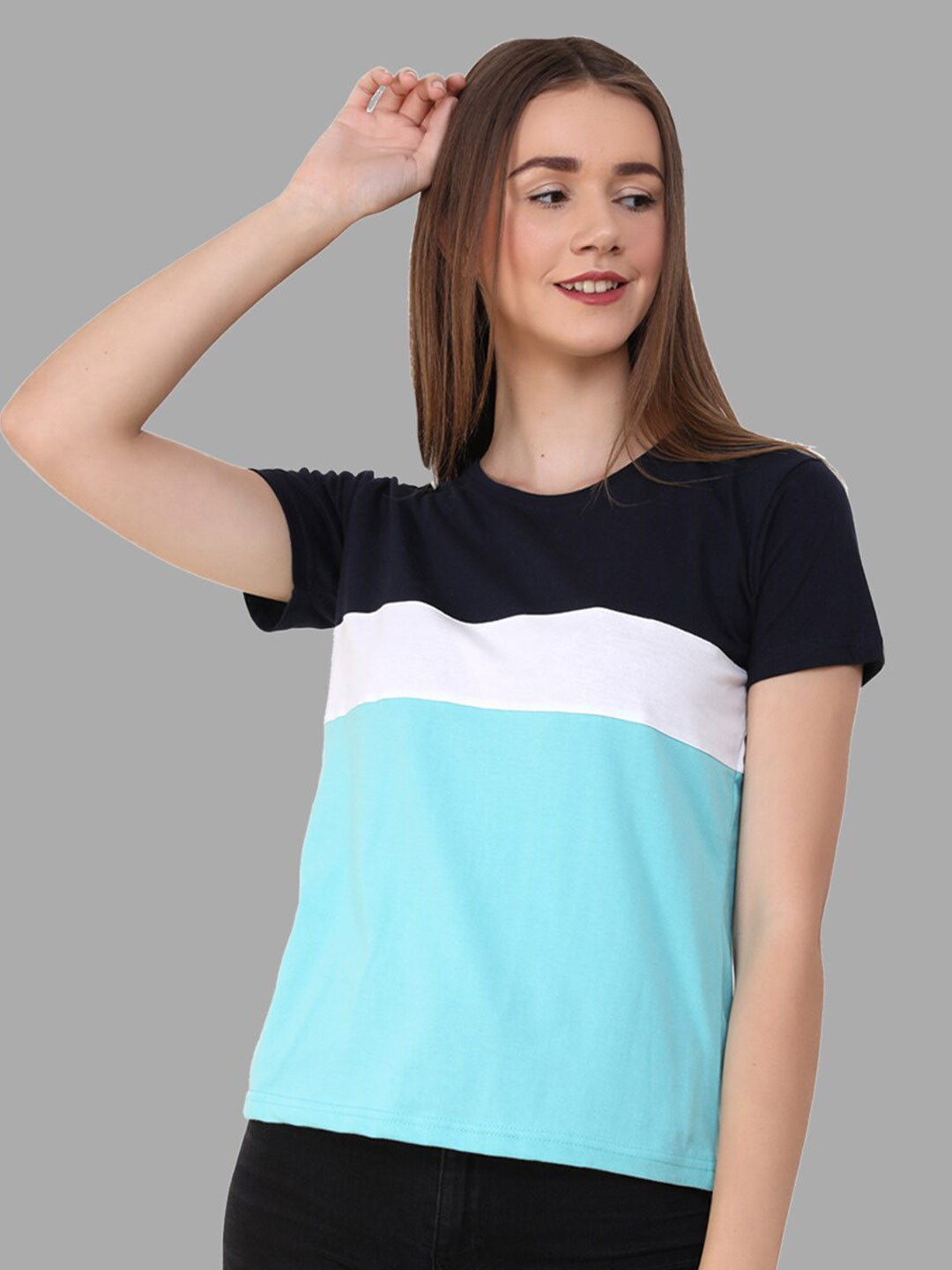 Reifica Women Navy Blue Colourblocked Bio Finish T-shirt