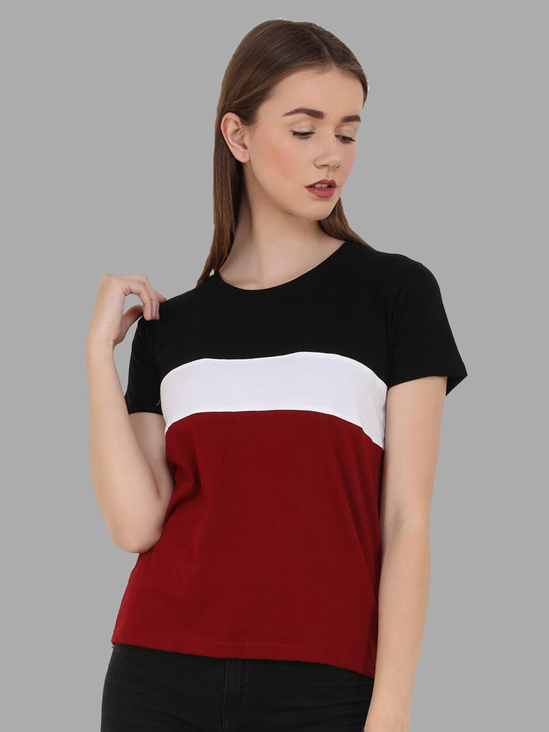 Reifica Women Black Colourblocked Bio Finish T-shirt