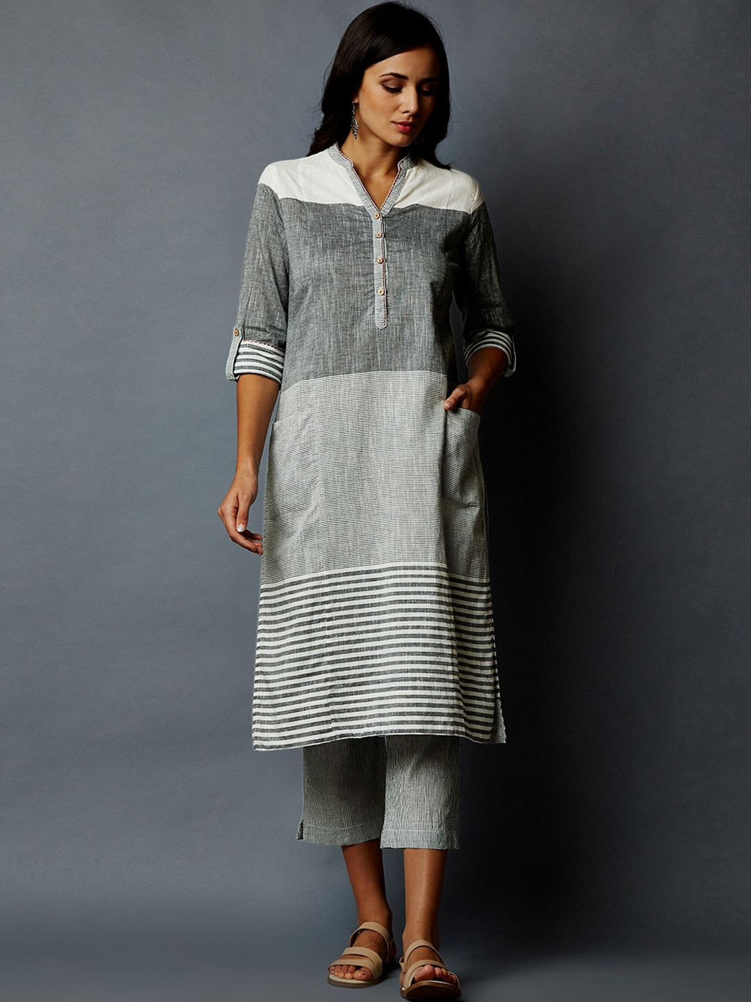 Indian Dobby Women Grey & White Striped Cotton Kurta