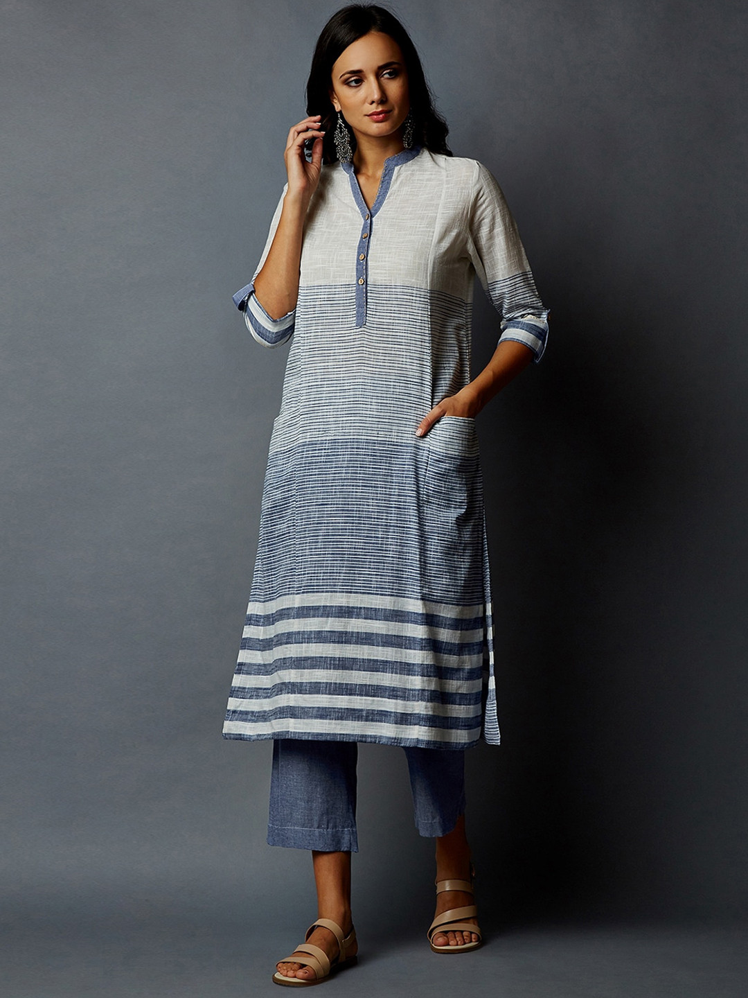 Indian Dobby Women Grey Horizontal Striped  Kurta