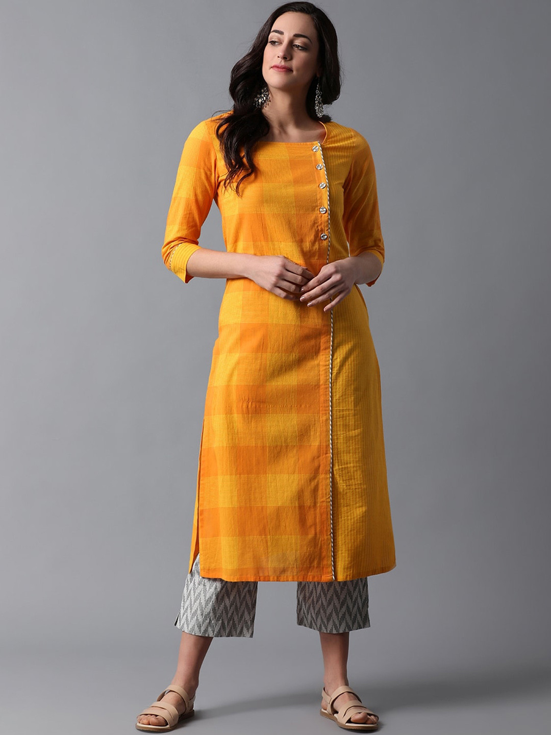 Indian Dobby Women Yellow & Orange Checked Kurta
