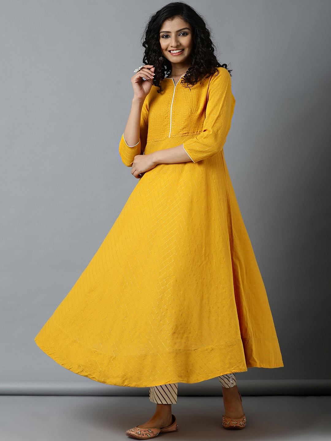 Indian Dobby Women Yellow Dobby Handloom Anarkali Kurta