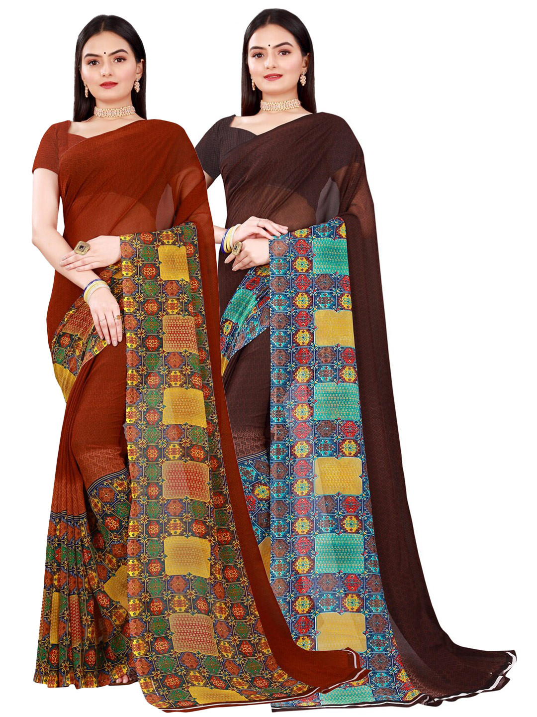 KALINI Brown & Purple Floral Pure Georgette Saree