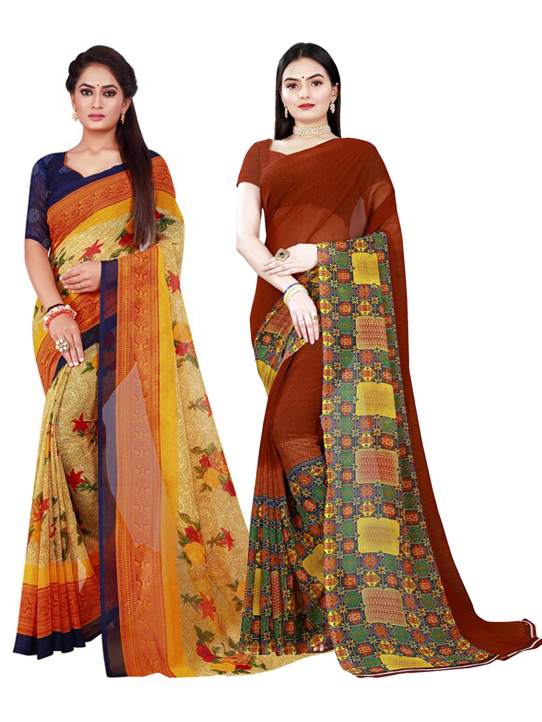 KALINI Women Pack of 2 Brown & Beige Geometric and Floral Printed Pure Georgette Saree