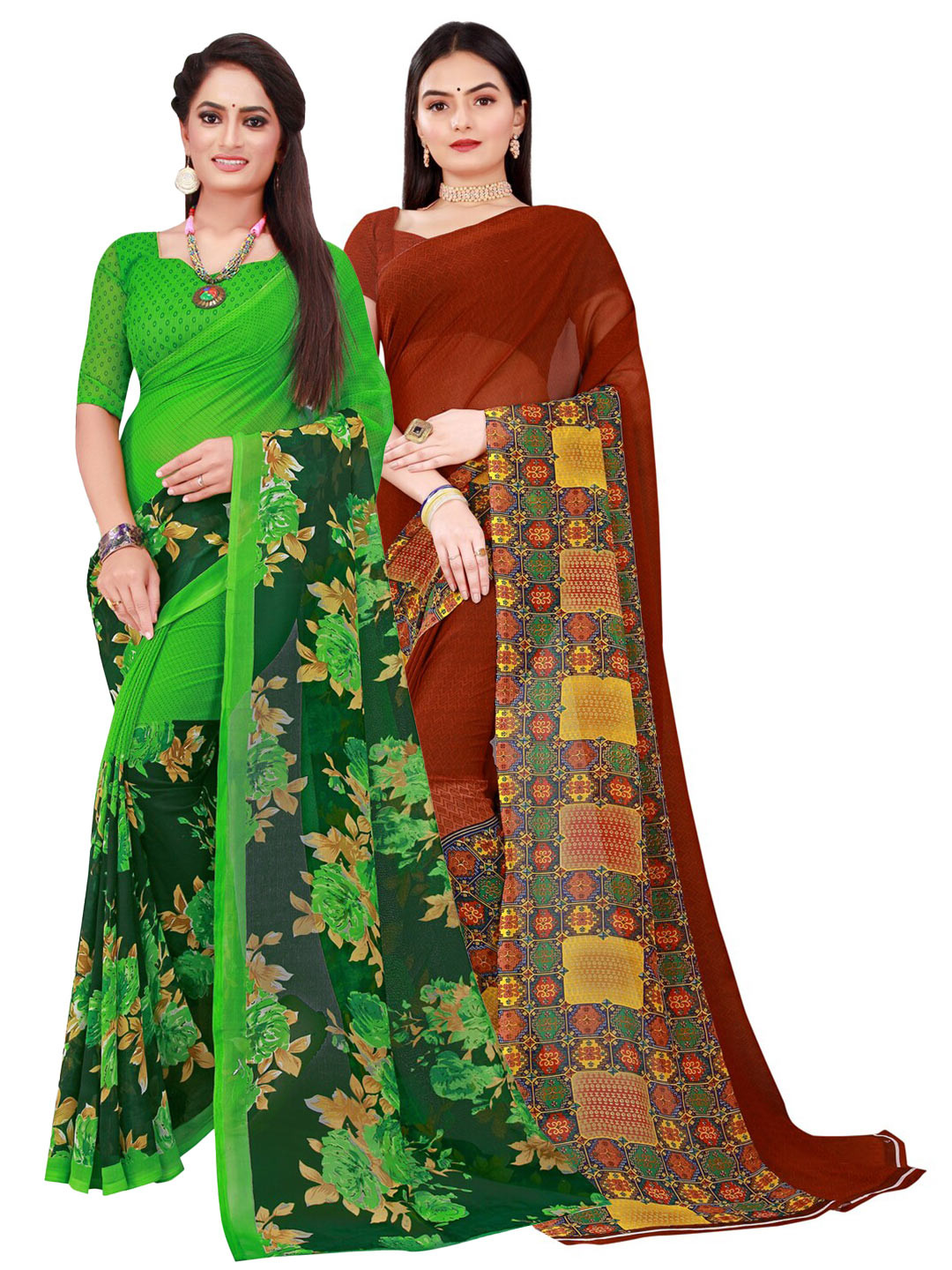 KALINI Women Pack of 2 Brown & Green Floral and Geometric Printed Pure Georgette Saree