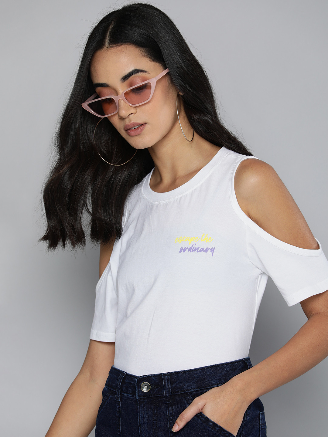 Flying Machine Women White Placement Print Pure Cotton Casual Boxy T-shirt