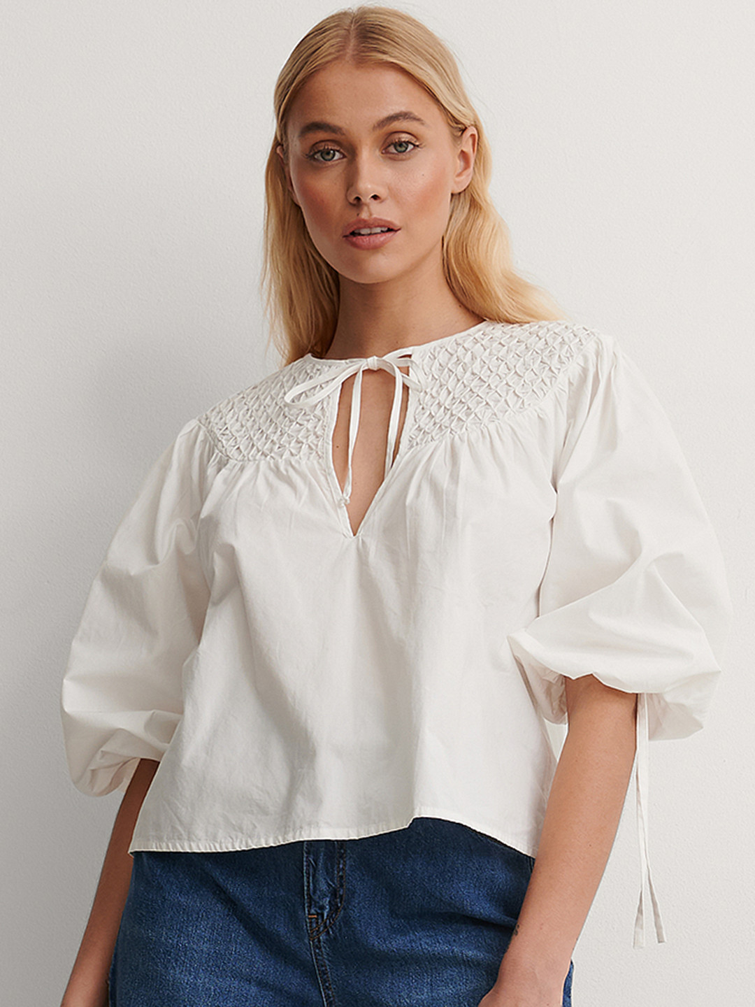 NA-KD Off White Solid Cotton Tie-Up Neck Top