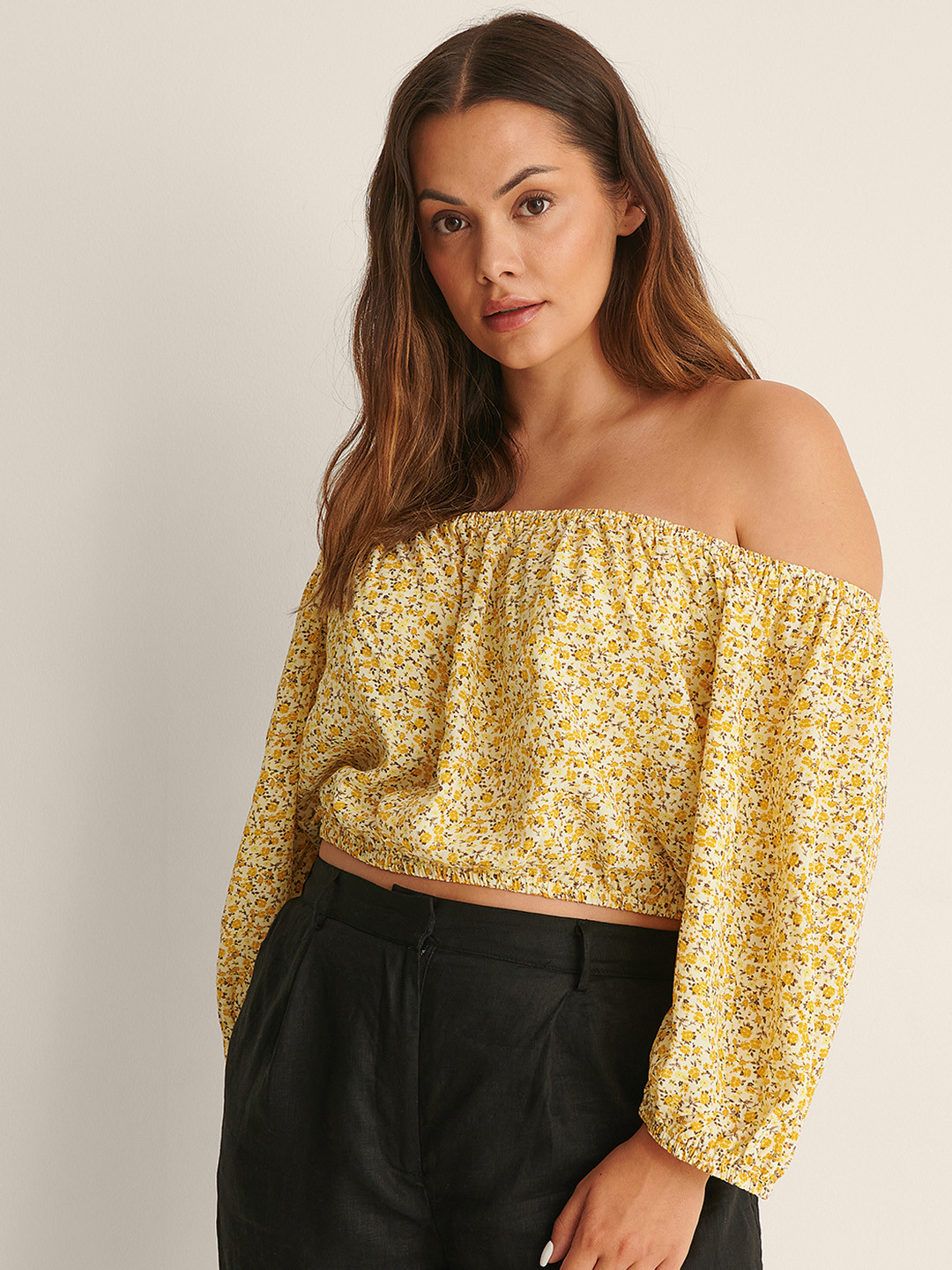 NA-KD Yellow & Brown Floral Print Off-Shoulder Blouson Top