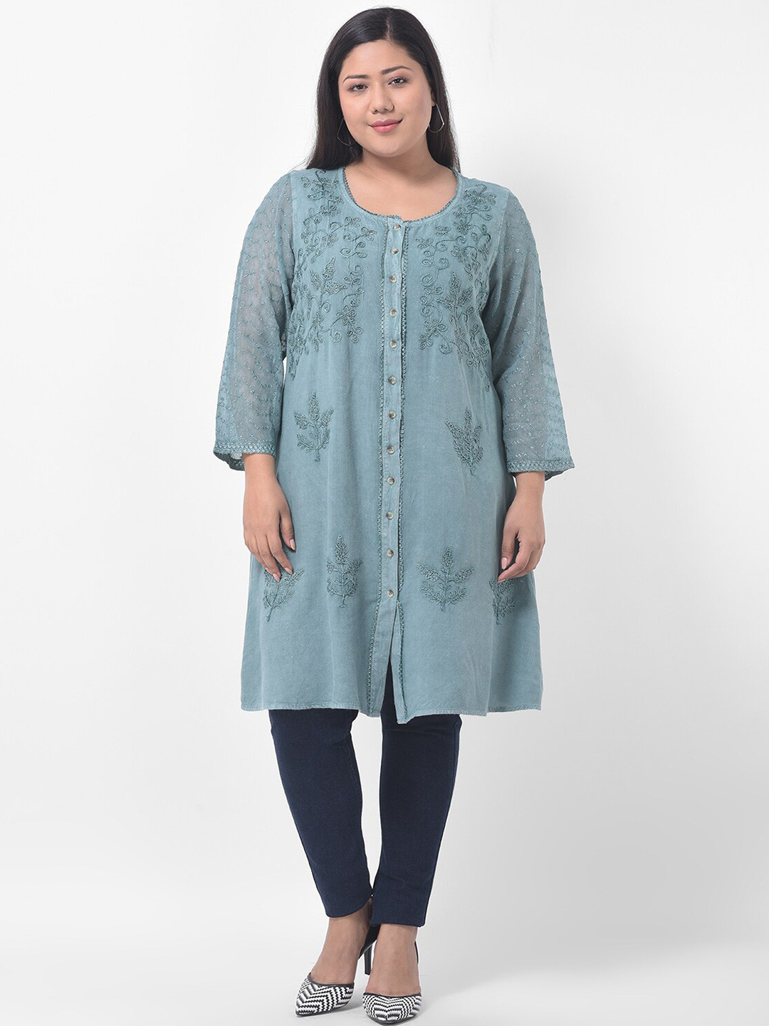 VELDRESS Women Green Embroidered Longline Top