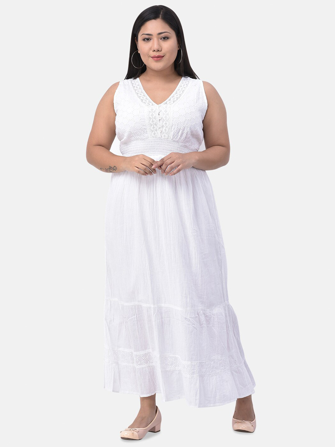 VELDRESS Women White Embroidered Maxi Dress Plus Size