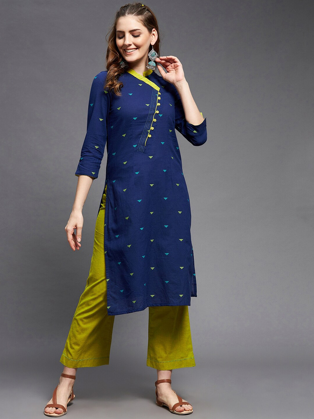 Indian Dobby Women Navy Blue Geometric  Thread Work Dobby Cotton Kurta