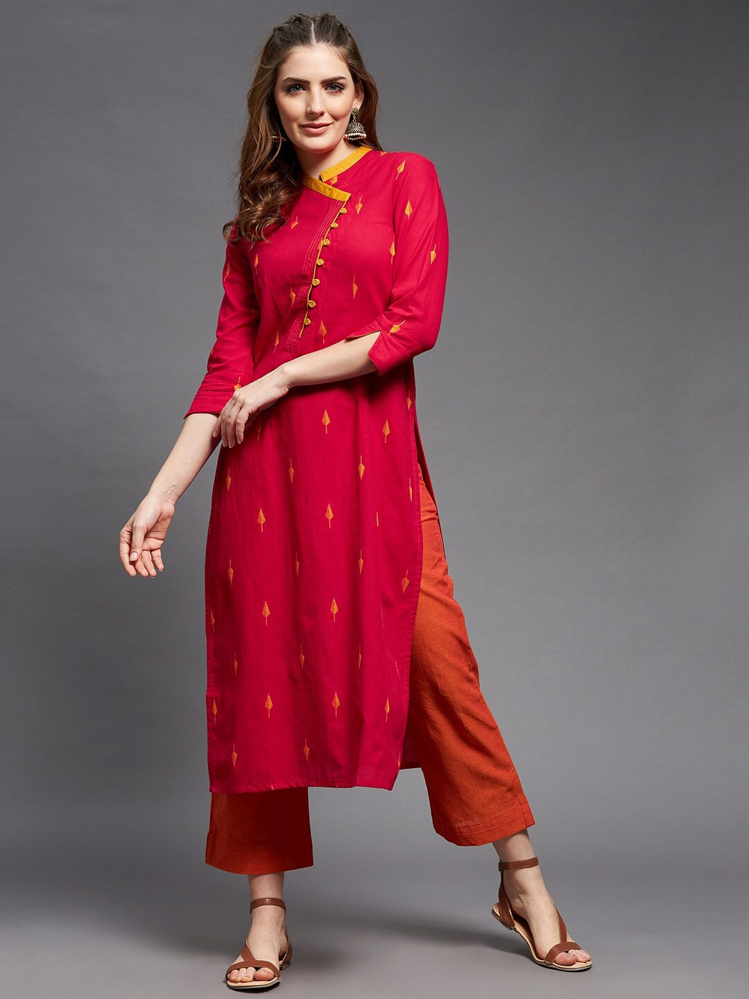 Indian Dobby Women Red & Yellow Thread Work Dobby Handloom Kurta