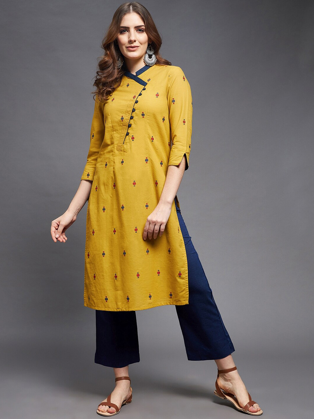 Indian Dobby Women Yellow Pure Cotton Kurta with Trousers