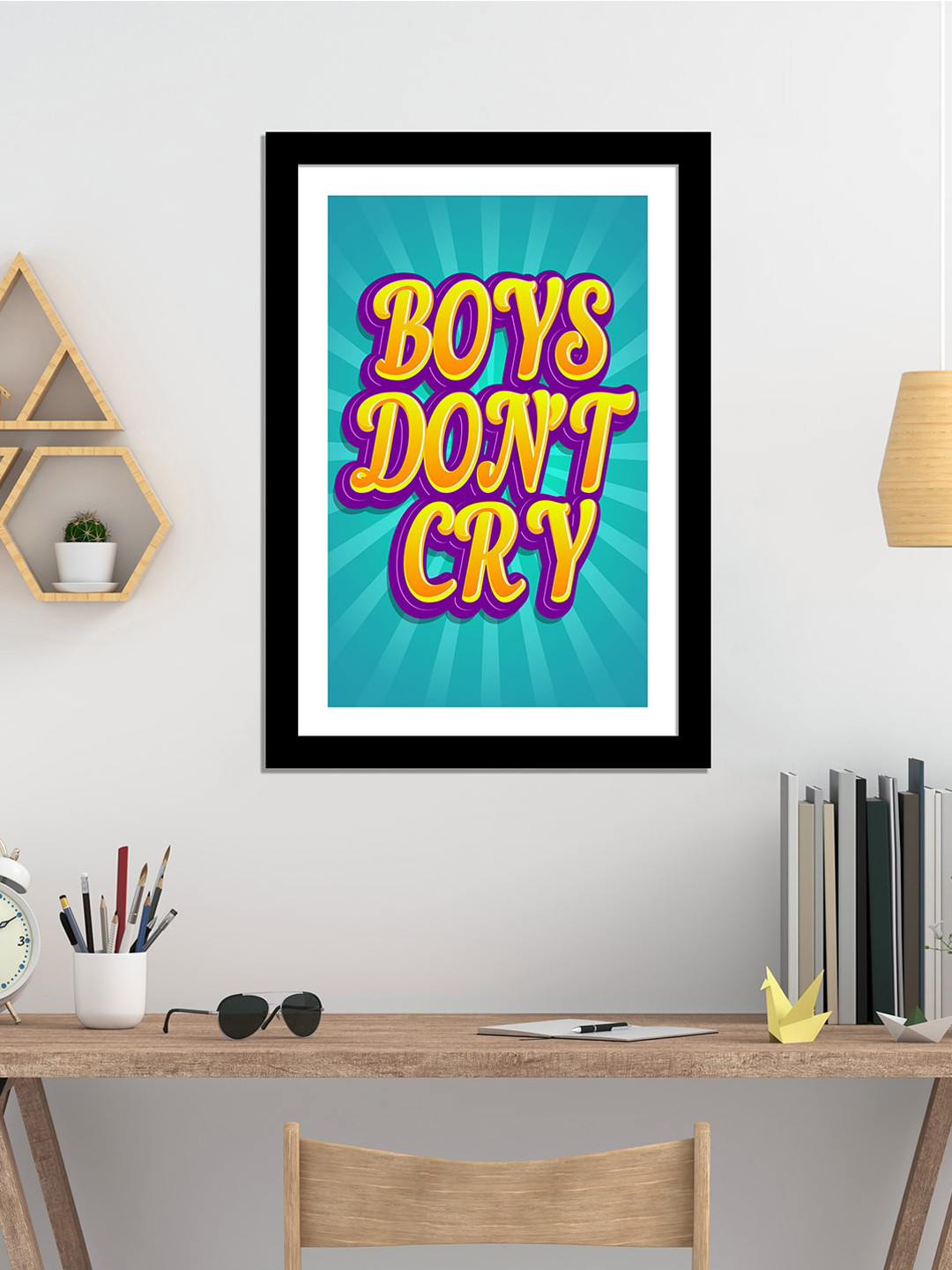 WENS Black & Teal Blue Laminated Boys Dont Cry Quotes Printed Framed Wall Art