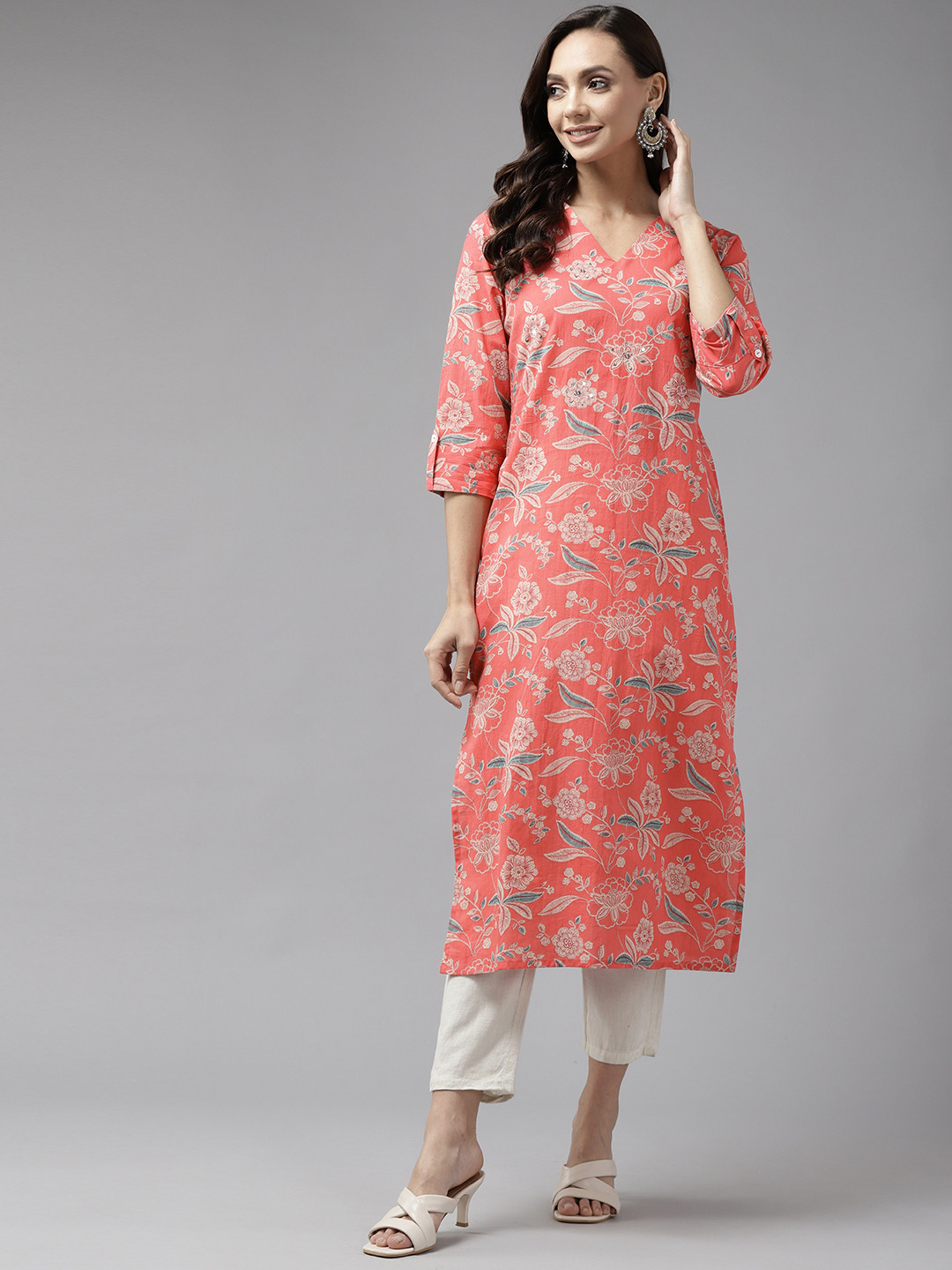 Amirah s Women Peach-Coloured & Blue Ethnic Motifs Screen Print Cotton Straight Kurta