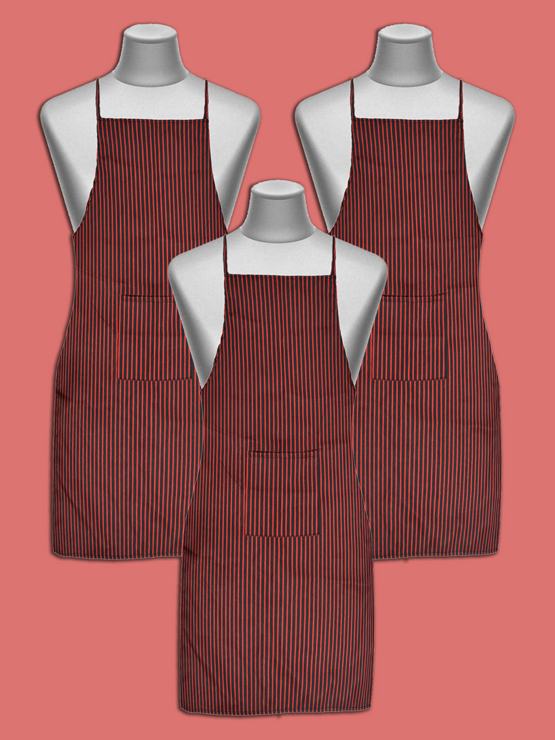 Kuber Industries Pack Of 3 Maroon & Black Striped Cotton Aprons With Pockets