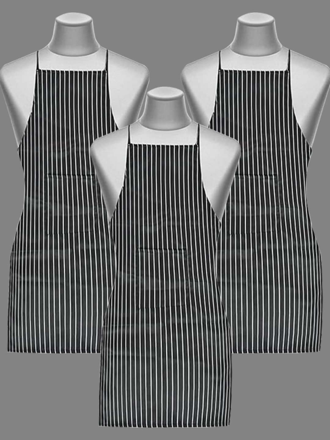 Kuber Industries Set Of 3 Black Striped Cotton Aprons