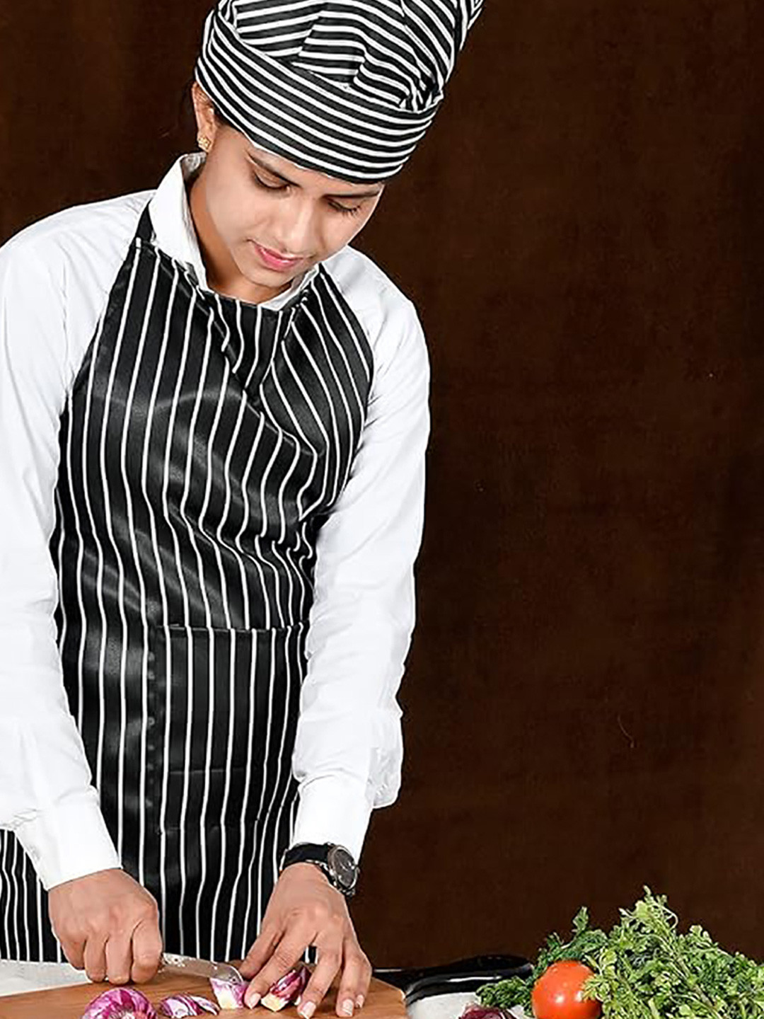 Kuber Industries Black & White Striped Cotton Apron With Pocket