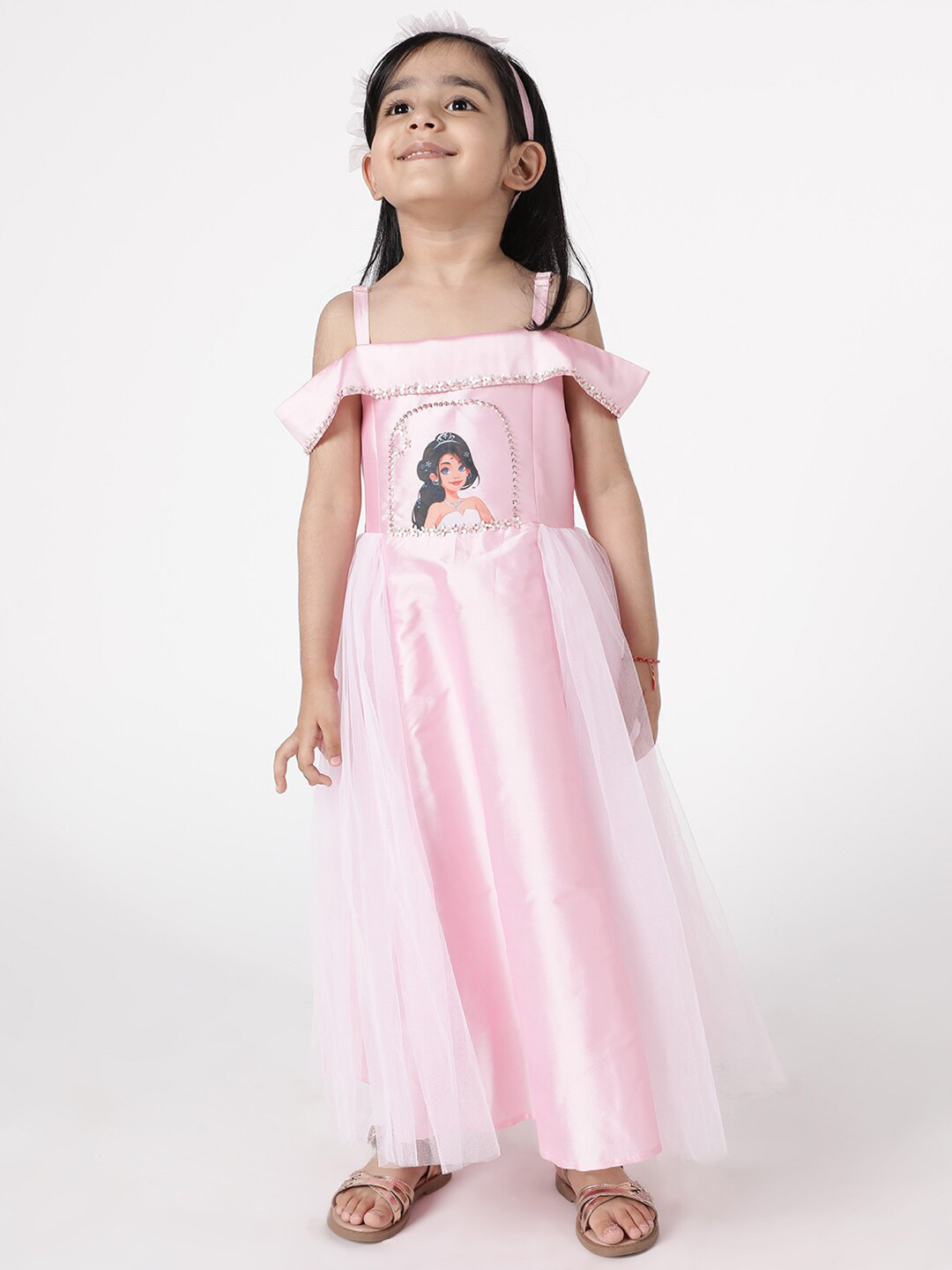 A Little Fable Girls Pink Cold Shoulder Net Maxi Dress