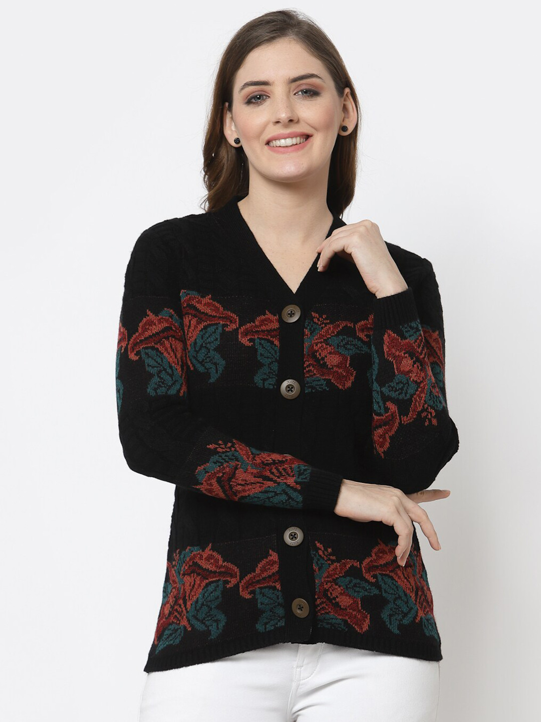 Kalt Women Black & Rust Knitted Cardigan