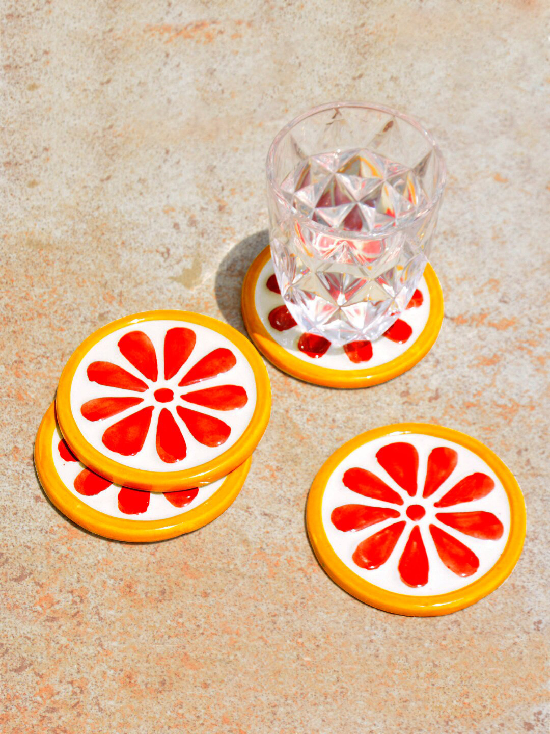 StyleMyWay Set of 4 Red & Yellow Printed Ceramic Coasters