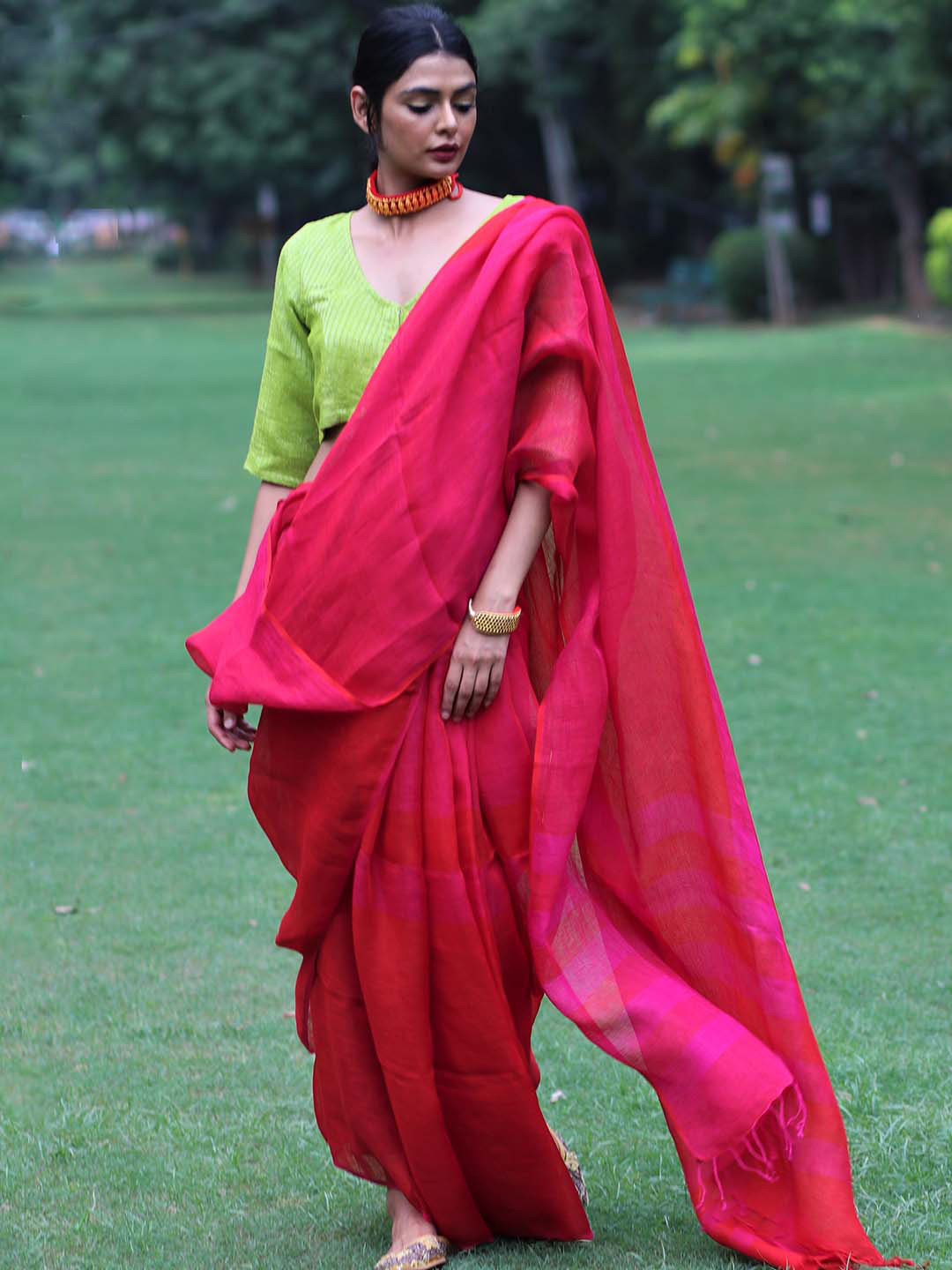 Chidiyaa Red Pure Linen Saree