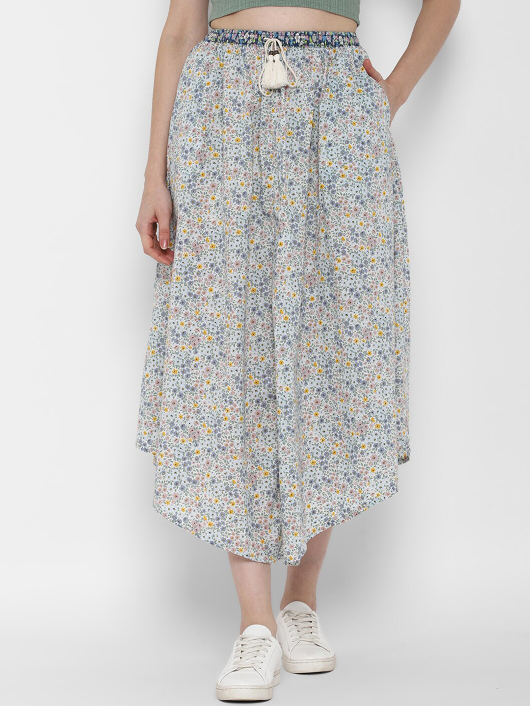 AMERICAN EAGLE OUTFITTERS Women White & Grey Printed Pure Cotton Flared Midi Skirt