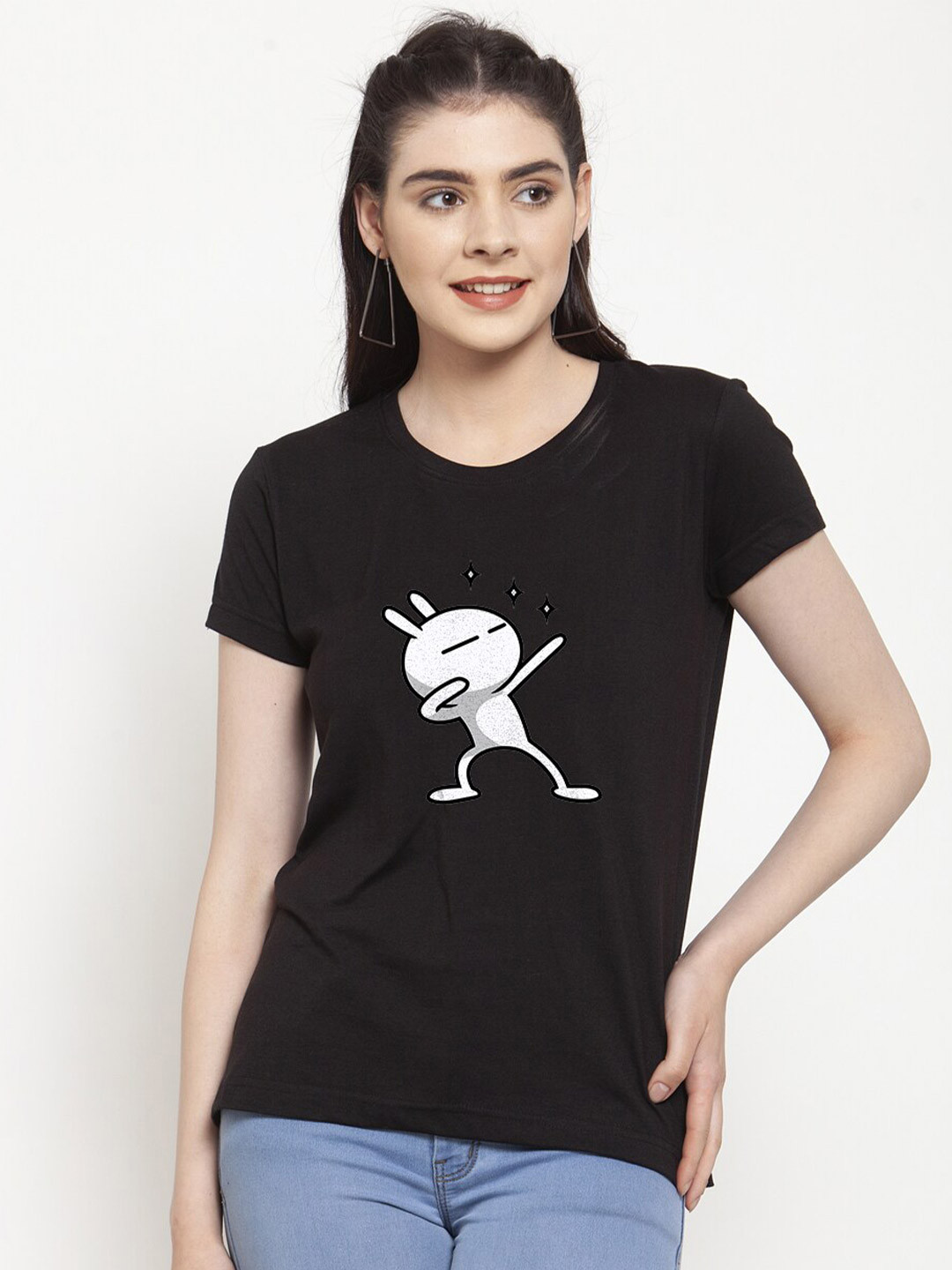 Friskers Women Black Three star Printed  T-shirt