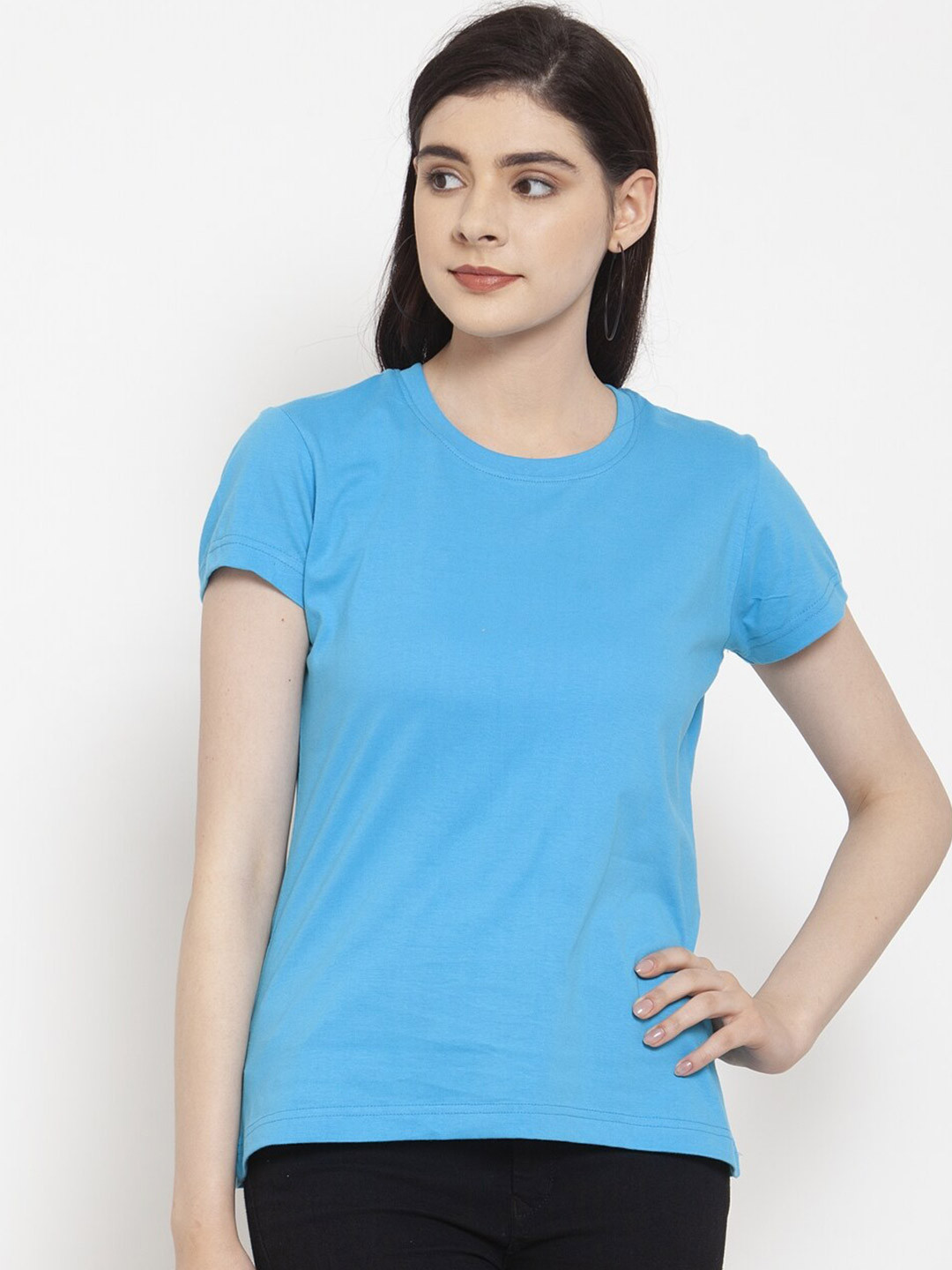 Friskers Women Turquoise Blue Solid Half sleeve Tshirt