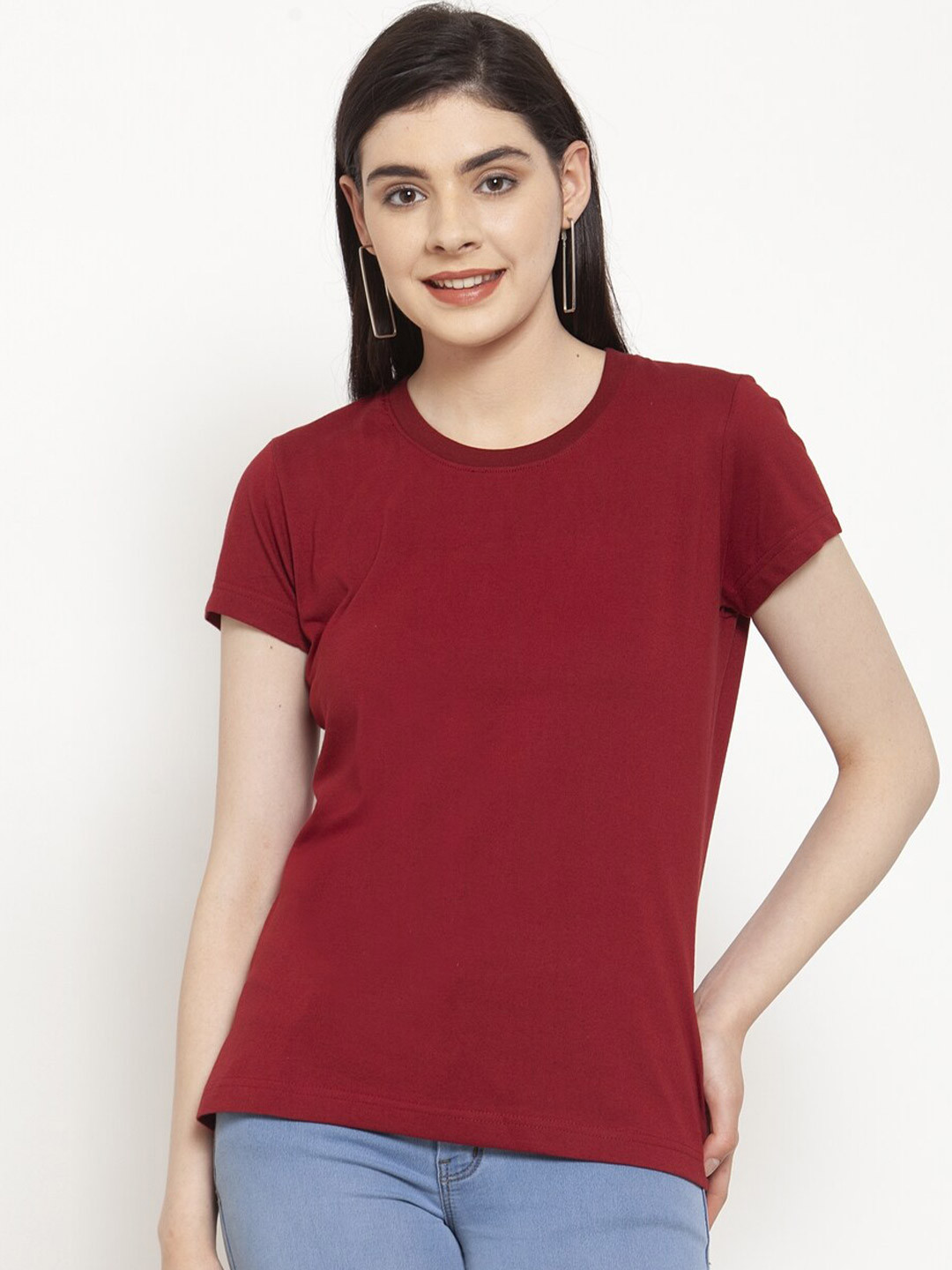 Friskers Women Maroon Solid Cotton T-shirt