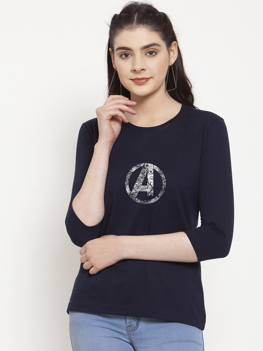 Friskers Women Navy Blue Superhero Printed T-shirt