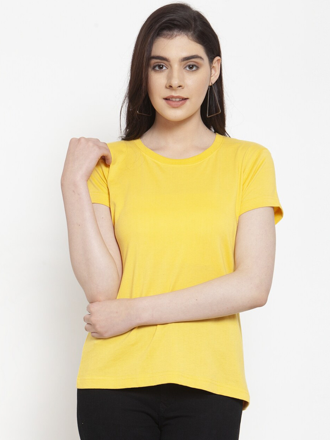 Friskers Women Yellow Solid Short Sleeve T-shirt