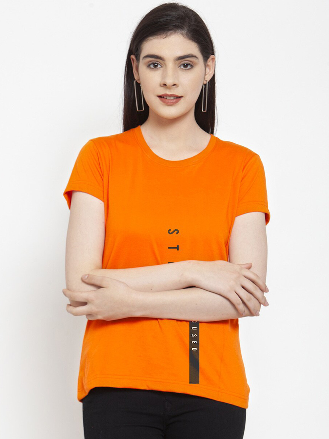 Friskers Women Orange Half Sleeve Tshirt