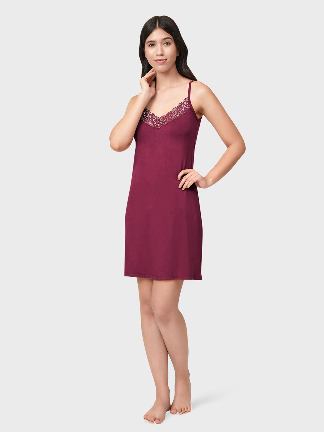 Amante Women Maroon Lace Touch Nightdress