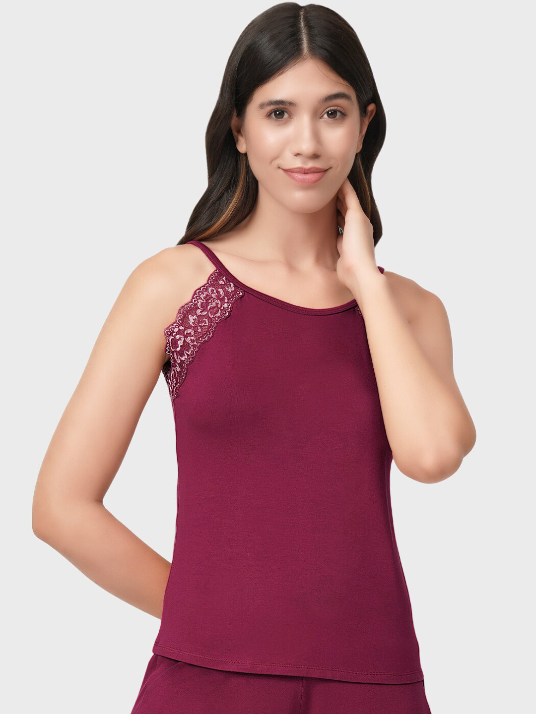 Amante Women Maroon Lace Sleep Camisole