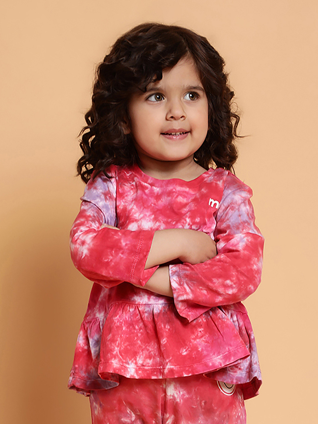 MiArcus Girls Pink & White Tie and Dye Full Sleeve Peplum Top