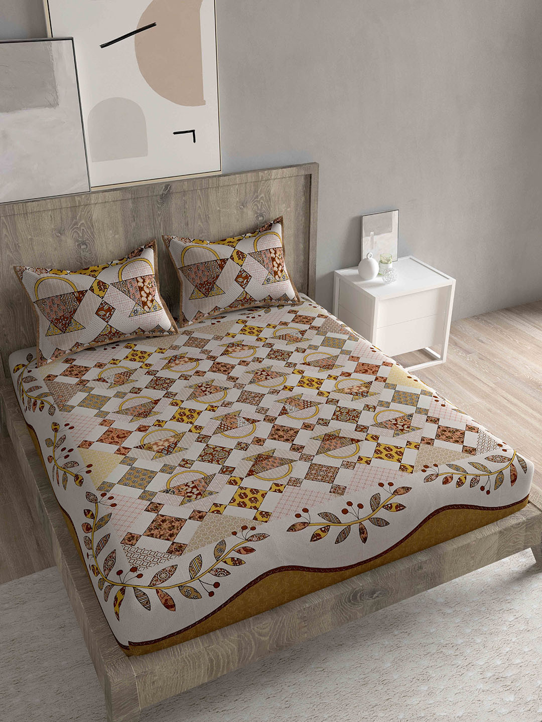 Spangle Premium Yellow Floral Cotton 280 TC King Fine Bedsheet with 2 Pillow Covers-100 x 108 inches