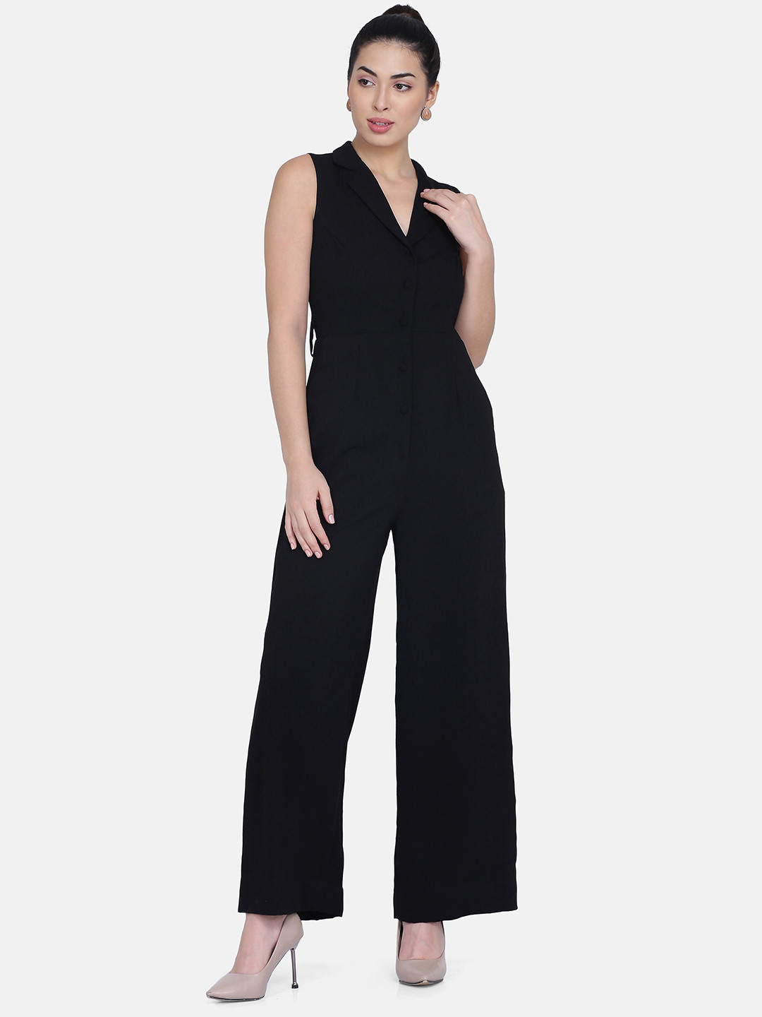 PowerSutra Women Black Poly Crepe V Neck Basic Jumpsuit