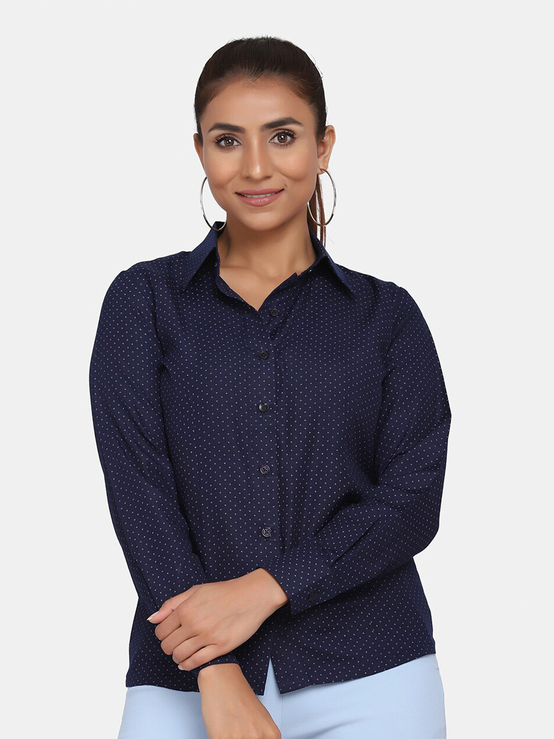 PowerSutra Women Navy Blue Printed Formal Shirt