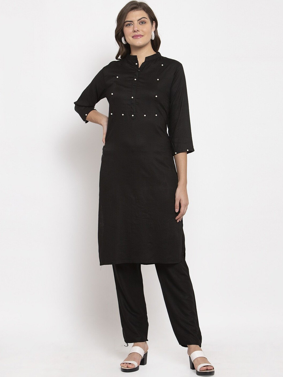 SOUNDARYA Women Black Beads and Stones Kurta with Trousers