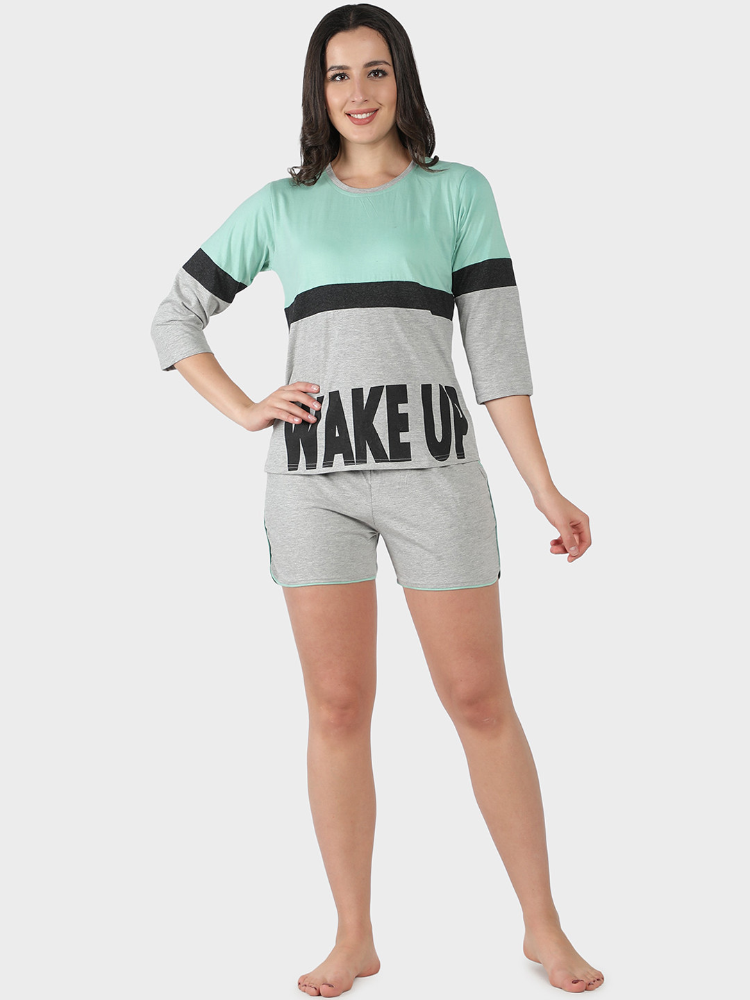 SEPHANI Women Sea Green & Grey Colourblocked Pure Cotton Night suit