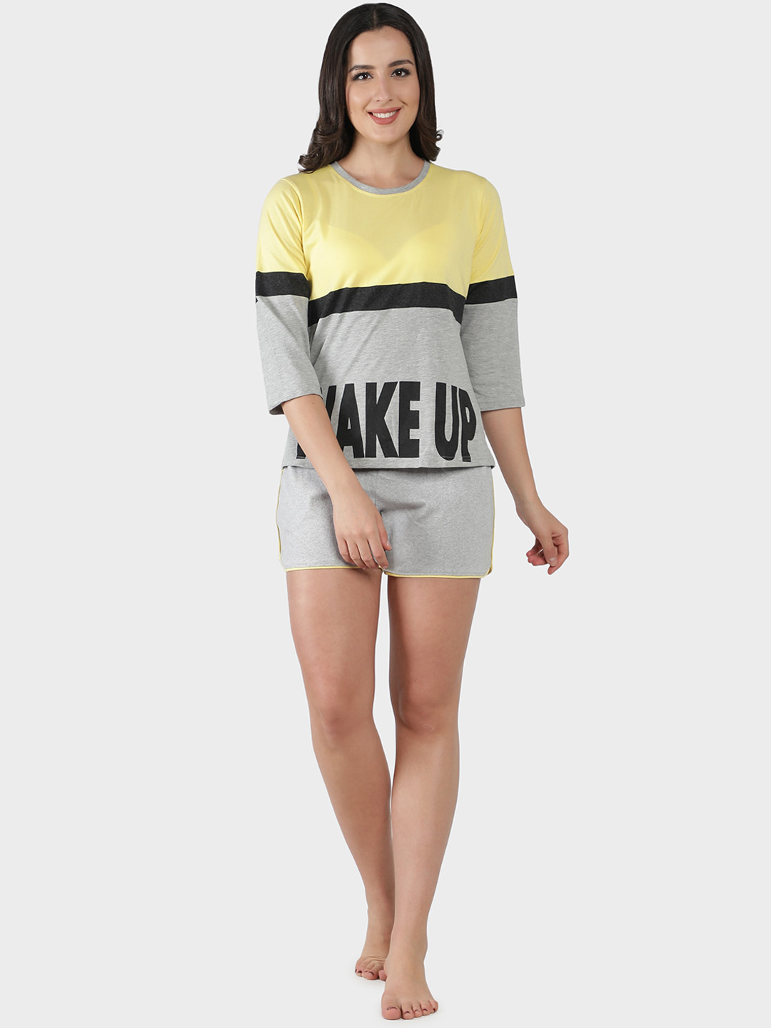 SEPHANI Women Yellow & Grey Colourblocked Night suit